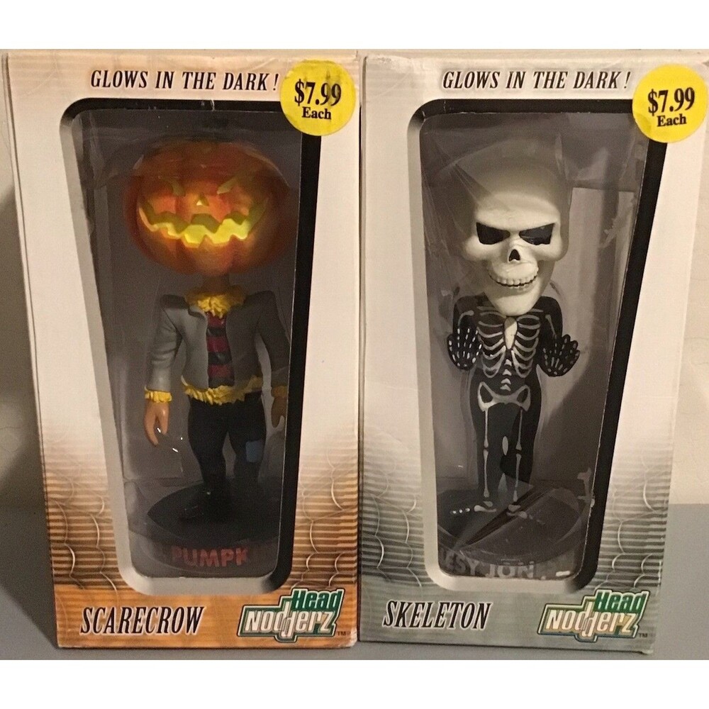 VTG Upper Deck 2002 HEAD NODDERZ 2pc Set Scarecrow & Pumpkin Bobbleheads Y2K NIB